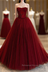 Wine Red Scoop Sweetheart Tulle Ball Gown Semi Formal Prom Dress, Wine Red Tulle Evening Dress